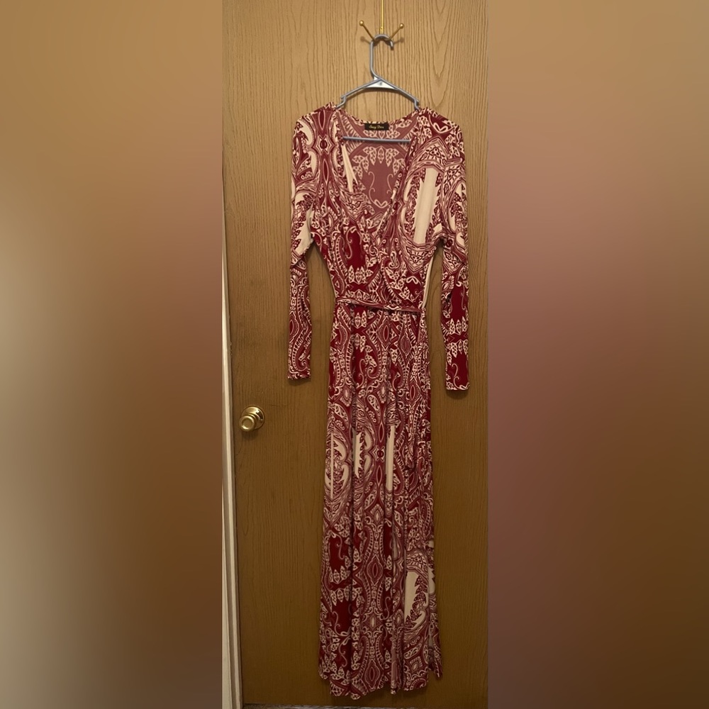 Red Paisley Long Sleeve Maxi Dress